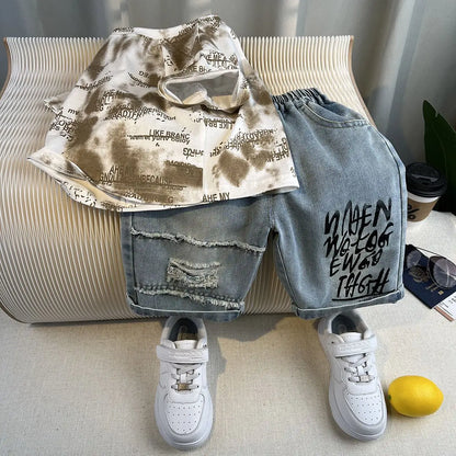 Boys Summer 2025 Boutique Design Outfits Baby Boys Short Sleeve Striped T-Shirt Jeans Shorts 2pcs Korean Clothes for Children