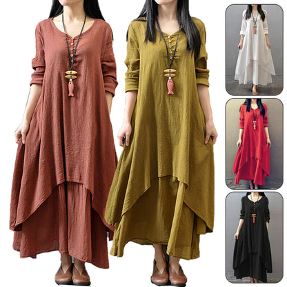 Summer Women  Boho Vintage Kaftan Loose Gypsy Maxi Dress Fake Two-piece Literary Irregular Large Swing Dress Robe