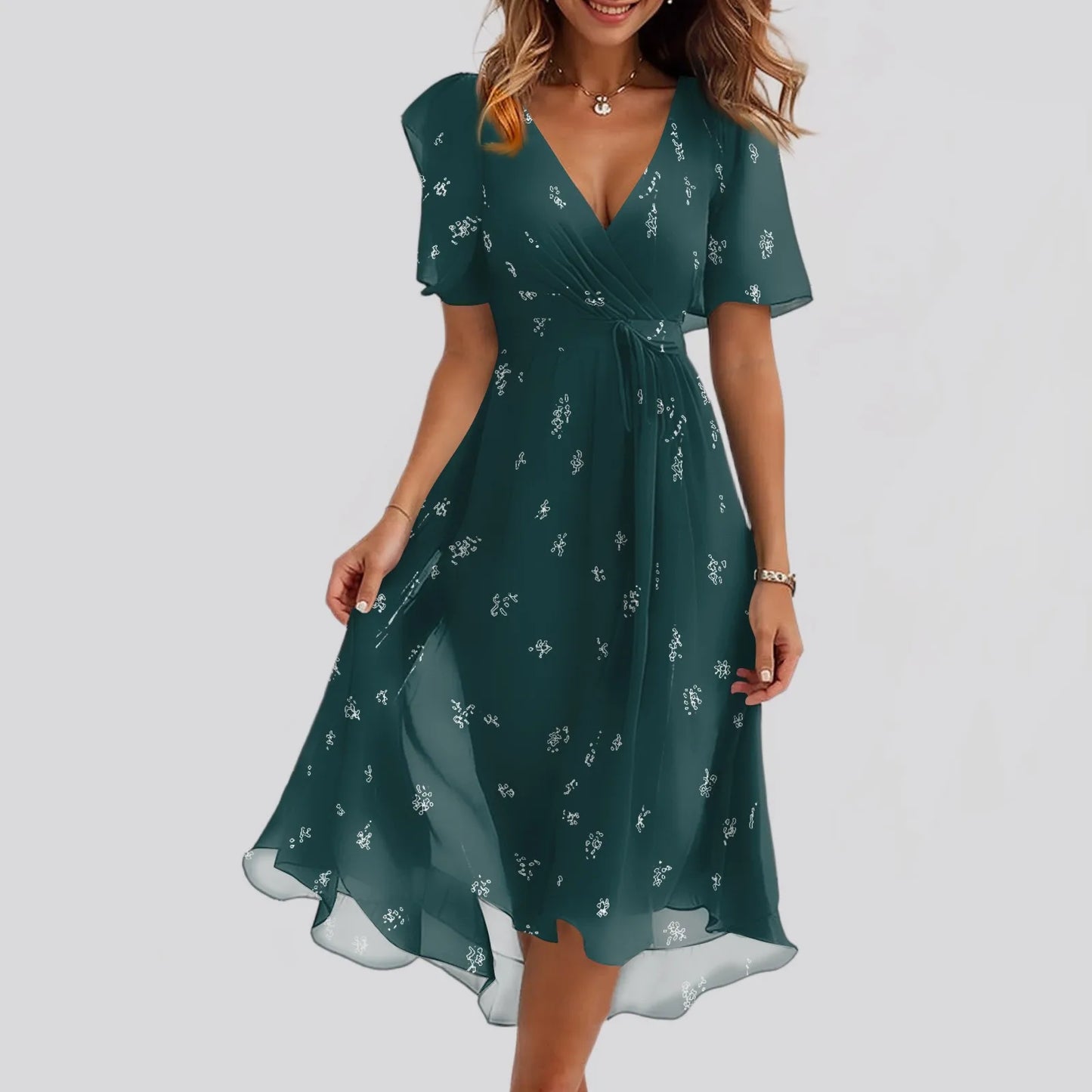Women Summer Thin Dress Daily Casual Fashion Wrinkles V-Neck Waist Cinching A-Line Zipper Dress Lightweight Comfy Vacation Dress