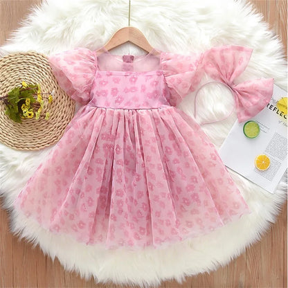 Summer Dress For Girls Children's Clothing Pink Floral Puff Sleeve Dress Baby Chiffon Princess Dress For Daily Holiday Dresses