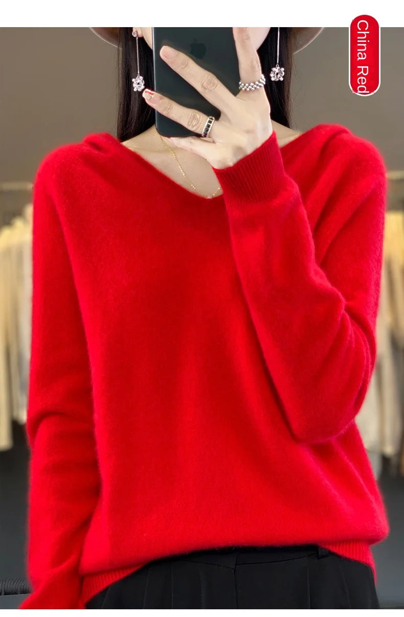 2024 100% Merino Pure Wool V-neck Hoodie Autumn/Winter Hoodie New Cashmere Sweater Women's Casual Knitted Top DMR207