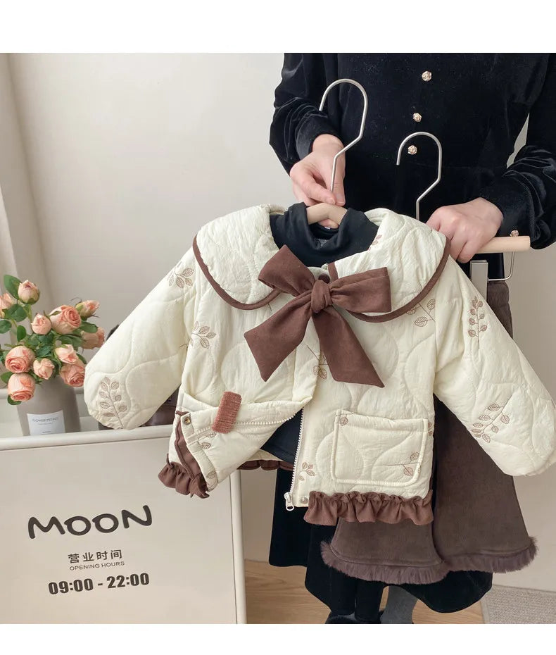 Winter Girls Coat Kids Baby Parkas Cotton Padded Plus Velvet Thickened Warm Children's Coat Solid Girls Embroidery Jacket