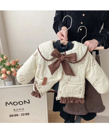Winter Girls Coat Kids Baby Parkas Cotton Padded Plus Velvet Thickened Warm Children's Coat Solid Girls Embroidery Jacket