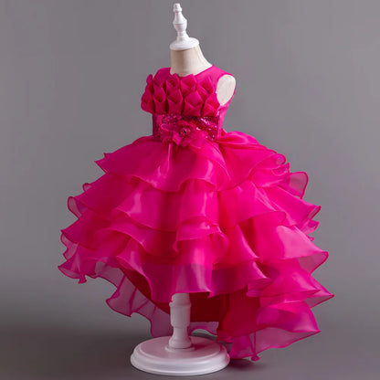 Girls Party Dress with Train, Puffy Cake Dress for Birthday & Flower Girl, Elegant Princess Gown for Host & Special Events