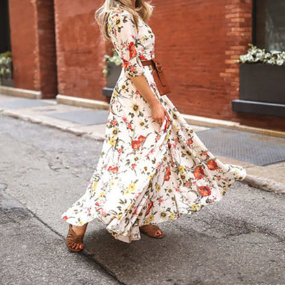 Summer Bohemian Floral Long Dress For Women Casual Holiday Beach Zipper Round Collar Pocket Slim-fitting Swing Robe Vestidos