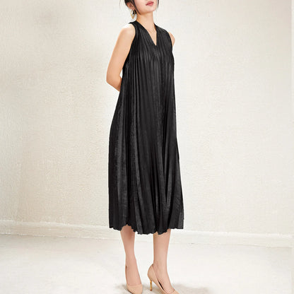 Summer Dress for Women Front and Back V-neck Solid Color Sleeveless Miyake Pleated Loose Casual Fashion Elegant Dress