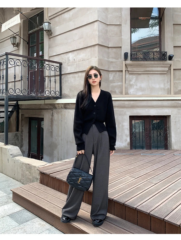 Zjaiss 2025 Autumn Winter Elegance Solid Color V-neck Sweater Knitted Casual Cardigan Unique And Niche Slim Fit Tops