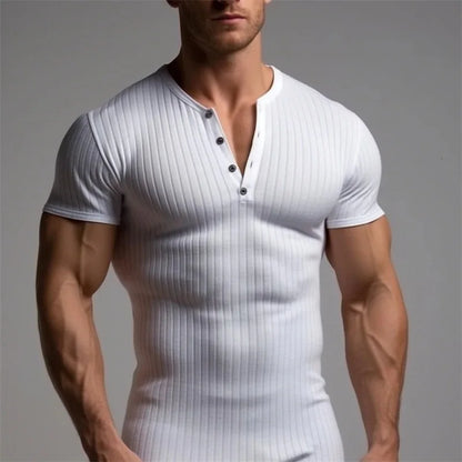 Summer Trend Men's Short Sleeve Casual T-Shirts Solid Henley Neck Button Up Pullover Tops Spring Turn Down Collar Basic Shirt