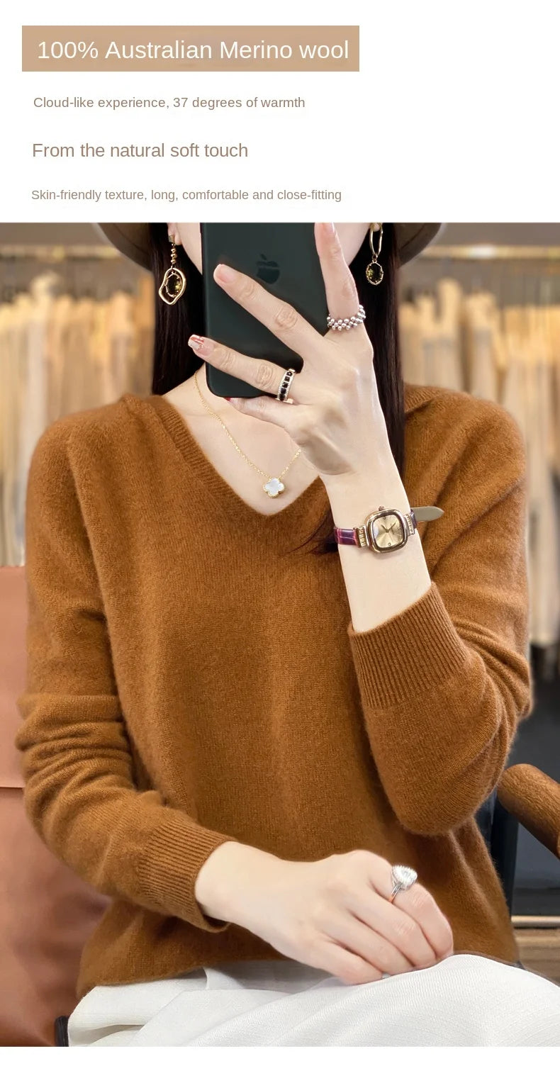 2024 100% Merino Pure Wool V-neck Hoodie Autumn/Winter Hoodie New Cashmere Sweater Women's Casual Knitted Top DMR207