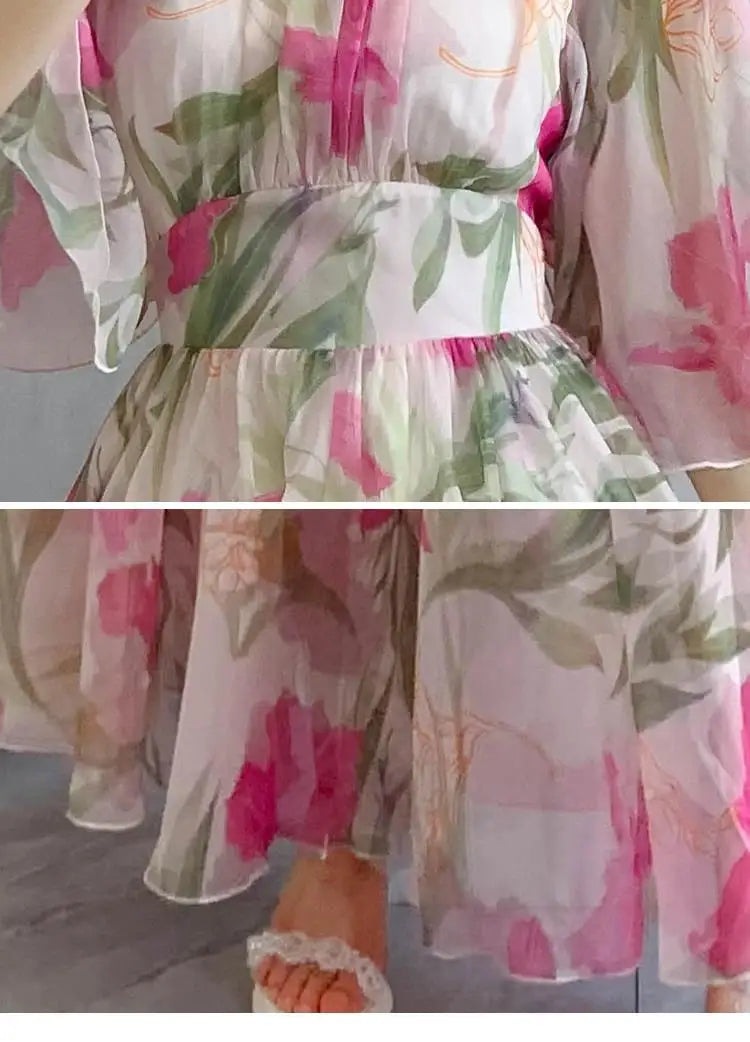 Summer Holiday Floral Dress Women Beach Flower Print Flare Sleeve Back Bow Lace Up High Waist Draped Chiffon Party Long Vestidos