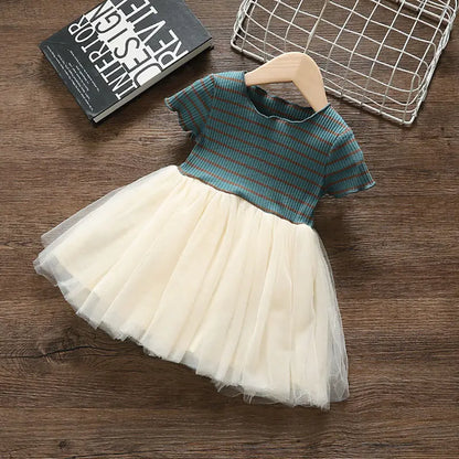 Girls' Summer Dress 1-6Y Children's Striped Short Sleeved Patchwork Mesh Dress Korean Girls Clothing Kid's Outfit