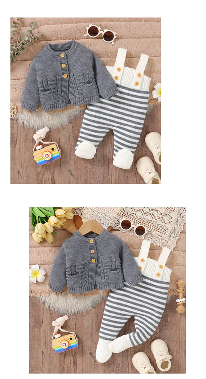 Winter Baby Clothes Set Autumn Casual Long Sleeve Knitted Infant Boys Girls Sweaters Cardigans+Rompers Outfits 2pcs Toddler Wear