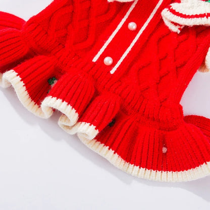 Winter Warm Pet Dog Clothes Luxury Dog Knitten Dress Cute Soft Puppy Princess Skirt Flower Print Cat Dresses Pet Sweater Clothes