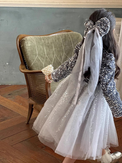 Winter Baby Girls Sequin Work Fleece Lined 4-Layer Mesh Zip Back Dresses with Head Veil Kids Outfit Children Sweet Skirt 2-8 Yr