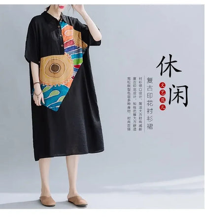 Women Summer Clothing 2025 New Style Literary Splicing Loose Printed Button Splicing Shirt Dress