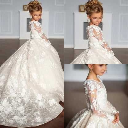 White Flower Girl Dresses for Wedding Floral Lace Appliques Floor Length Princess Kids Birthday Party Communion Party Gown