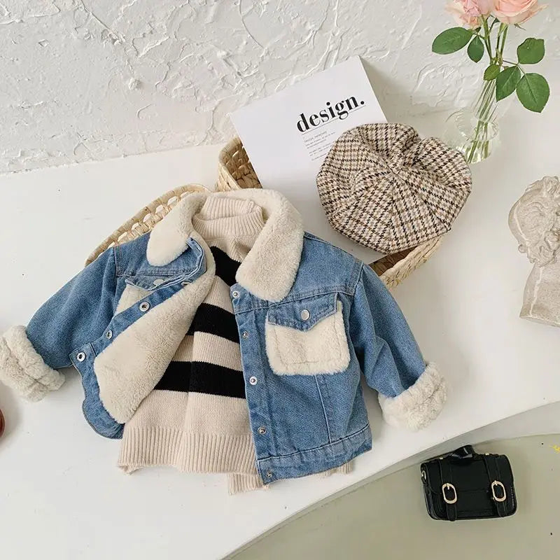 Boys Jacket Autumn and Winter New Children's Baby Plush Thickened Denim Coat  Children's Clothing Kids Winter Coats