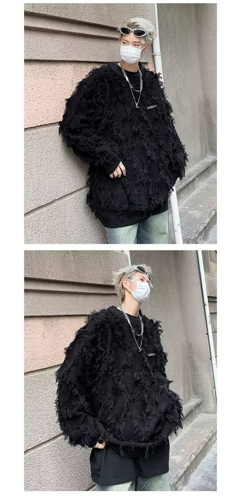 Winter Men's Ripped Fringe Raw Edge Sweater Hip Hop Fashion Knitwear Pullovers Y2K Vintage Streetwear Knitted Jersey Clothes