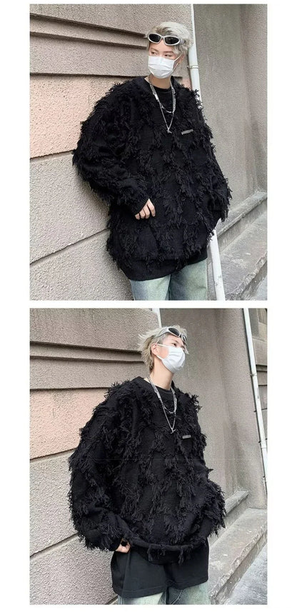 Winter Men's Ripped Fringe Raw Edge Sweater Hip Hop Fashion Knitwear Pullovers Y2K Vintage Streetwear Knitted Jersey Clothes