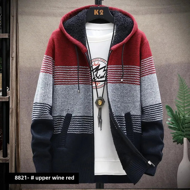 Men's Autumn/winter Hooded Knit Jacket Fleece-lined Thickened Casual Loose-fit Knitted Cardigan Outer Wear Sweater