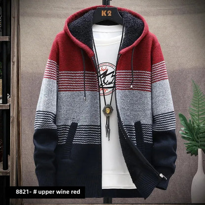 Men's Autumn/winter Hooded Knit Jacket Fleece-lined Thickened Casual Loose-fit Knitted Cardigan Outer Wear Sweater
