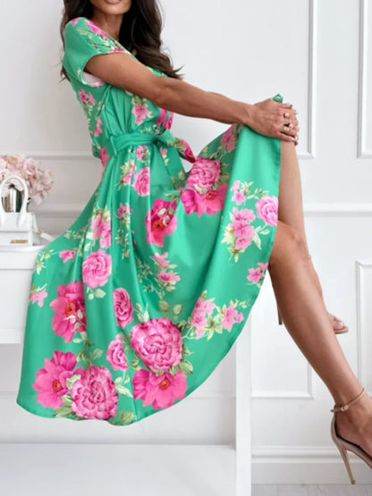 Summer Women's Fashion Flower Print Short Sleeved Dress Elegant V-neck Button Belt Leisure Vacation Dress