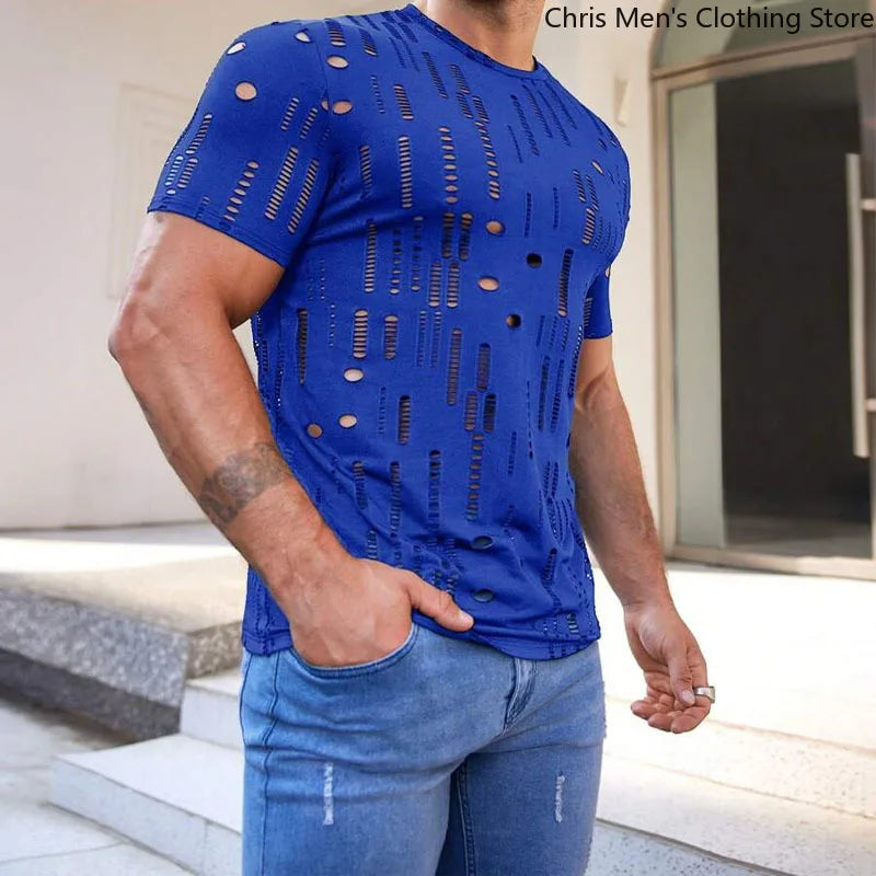 Summer Personality Fashion Breathable Men's Fitness Sportswear, Attractive Sexy Perspective Men Short-sleeved T-shirt Men Shirts