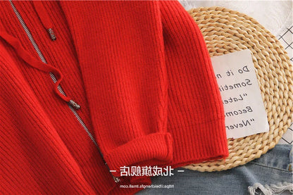 Women Cardigan Sweater Coat Hooded Fashion Solid color Sweater Female  zipper Knitted Spring Autumn Oversize Sweater Overcoat