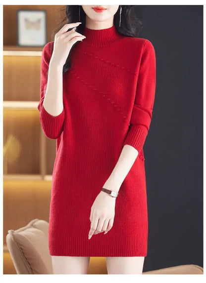 New Vintage Autumn Women's Clothing Half Turtleneck Warm Winter Sweater Dress Long Sleeve Pollovers Top Female Knitwear Jumper