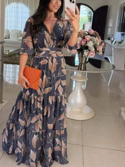 Summer Women Dresses Floral Print Ruffles Boho V-neck Short Sleeve Casual Loose Beach Dress Elegant Holiday Maxi Long Dress Robe