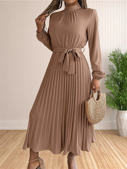 Women's Long Dresses Summer Elegant Pleated Long Sleeveed Lace Up Dresses Beach Boho Wrap Ruffle Hem Swing Sundress
