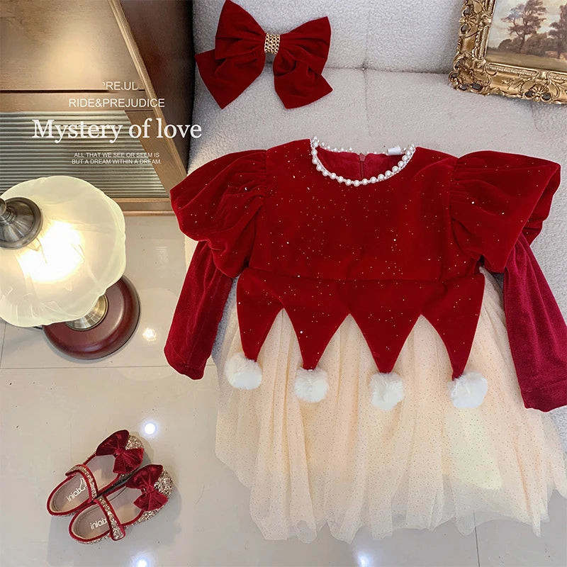 Winter Bow Sequin Dress for Girls' 2025 New Fashion Baby Red Christmas Dresses Velvet Patchwork Mesh A-line Princess Dress