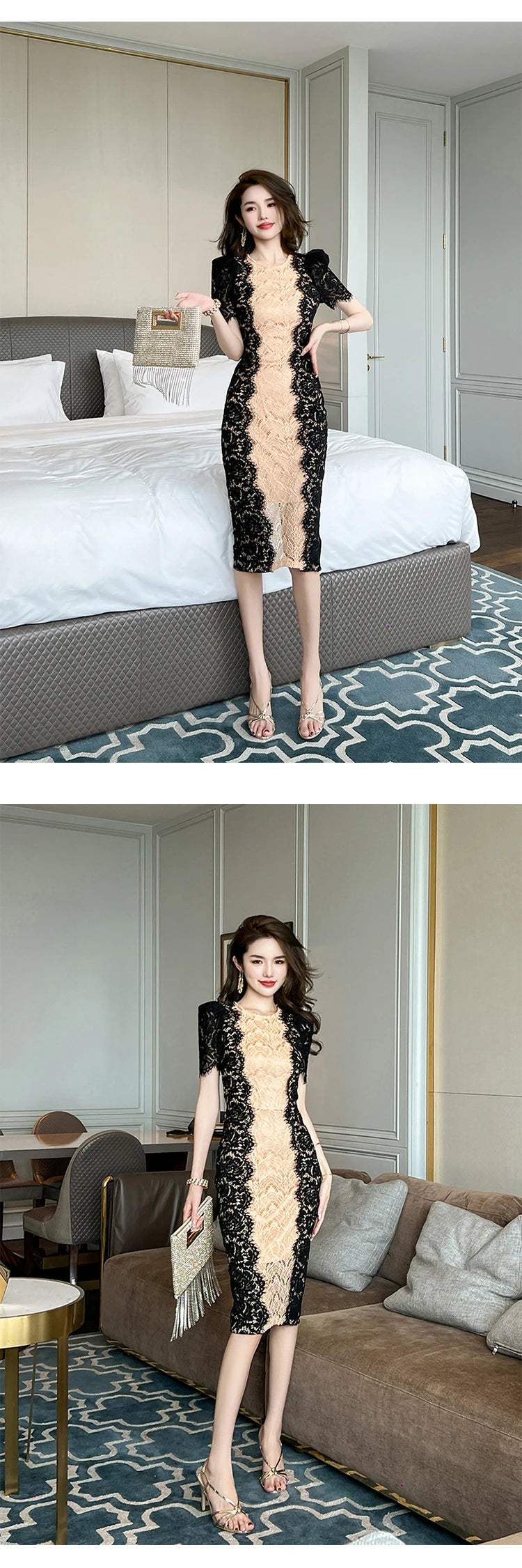 Fashion Summer Elegant Evening Dress For Women Lace Chic Short Sleeve Slim Midi Party Gown Mujer Stretchy Vestido Street Clothes