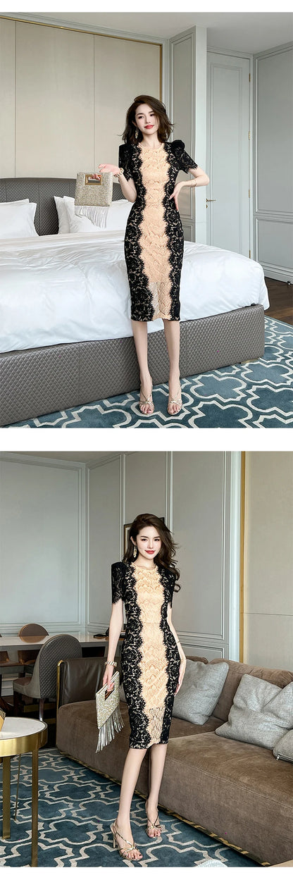 Fashion Summer Elegant Evening Dress For Women Lace Chic Short Sleeve Slim Midi Party Gown Mujer Stretchy Vestido Street Clothes