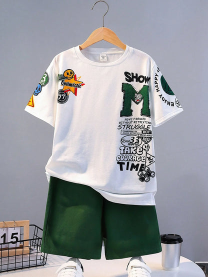 Summer Kids' Suit Boys' Loose Casual Crewneck Patterned Short-sleeved T-shirt and Shorts Comfortable Cool Tracksuit