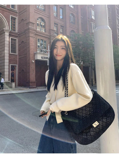 Zjaiss 2025 Autumn Winter Elegance Solid Color V-neck Sweater Knitted Casual Cardigan Unique And Niche Slim Fit Tops