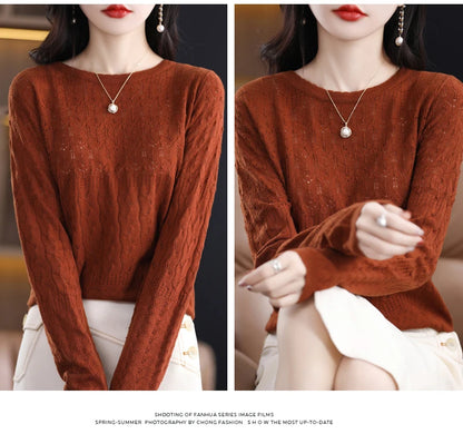 Worsted Wool Sweater Women's Spring 2023 New Western-Style Solid Color Round Neck Top With Long Sleeve Bottom Hollowed-Out Thin