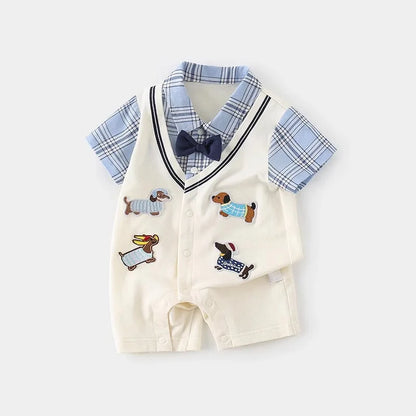 Boys Summer Short-sleeved  Jumpsuit Clothes Baby Fake Two-piece College Style Onesie  Babe Cute Dog Label Romper Fashion Outwear