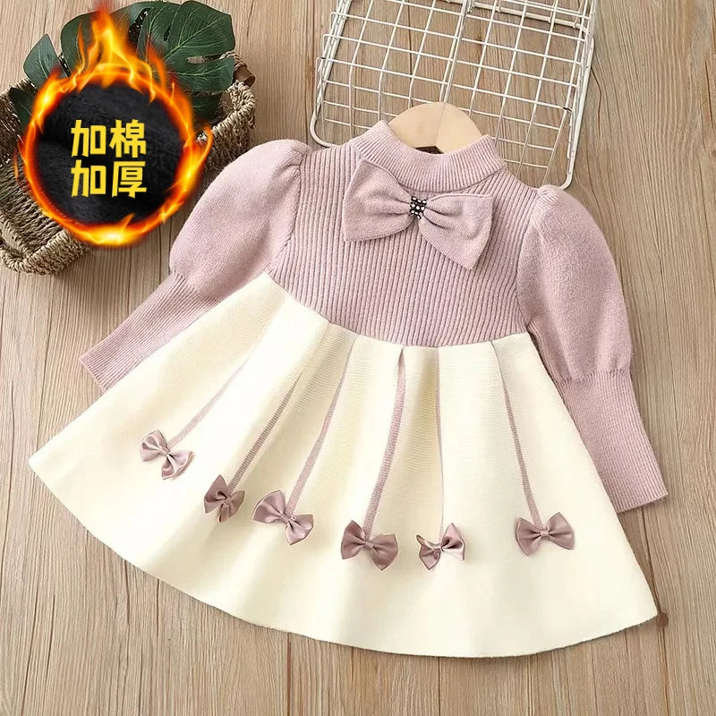 Girls' Sweater Skirt Sweaters Long Dress2025Autumn and Winter New Bow Sweet Princess Dress
