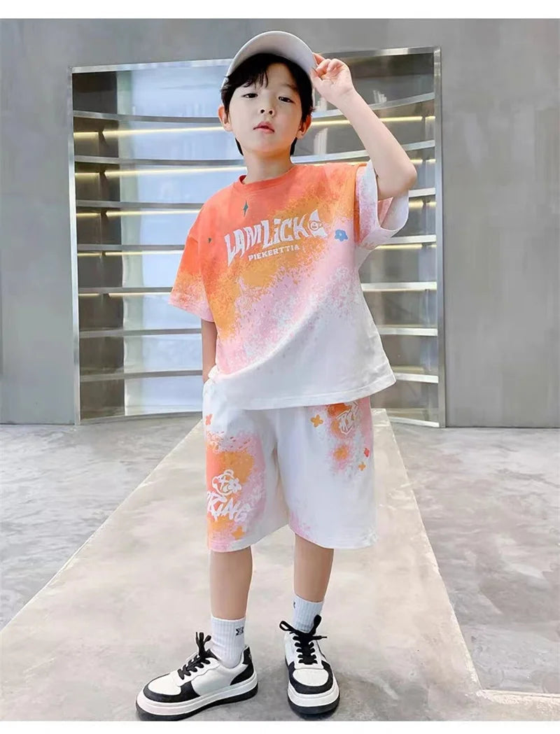 Boys Loose Casual Sets Summer Teen Gradient T-shirts+Shorts 2Pcs Big Kids Sport Short Sleeve Clothes Suits Children Print Outfit