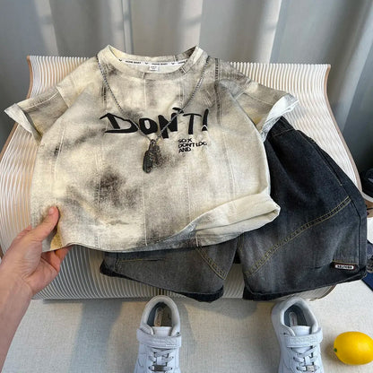 Boys Summer 2025 Boutique Design Outfits Baby Boys Short Sleeve Striped T-Shirt Jeans Shorts 2pcs Korean Clothes for Children