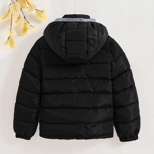 Winter New Jacket For Boy 8-12 Years Black Long-Sleeved Hat Detachable Padded Jacket For Boys Simple Style Jacket In Solid Color