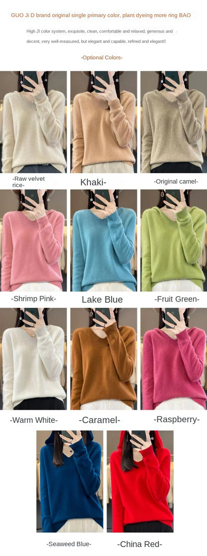 2024 100% Merino Pure Wool V-neck Hoodie Autumn/Winter Hoodie New Cashmere Sweater Women's Casual Knitted Top DMR207