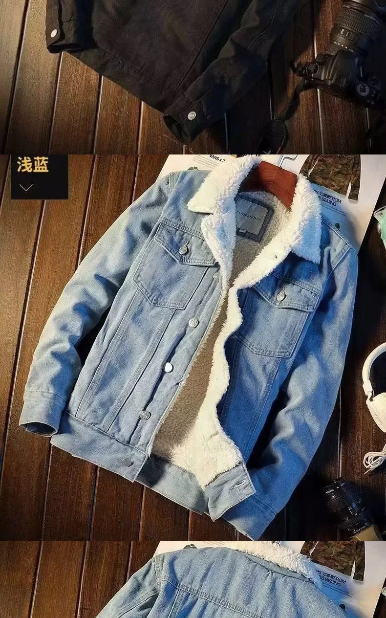 Men's Autumn Winter  Fashion Lamb Fleece Denim Jackets Trend Casual Comfort Thickened Warm High Quality Jeans Coats for Men