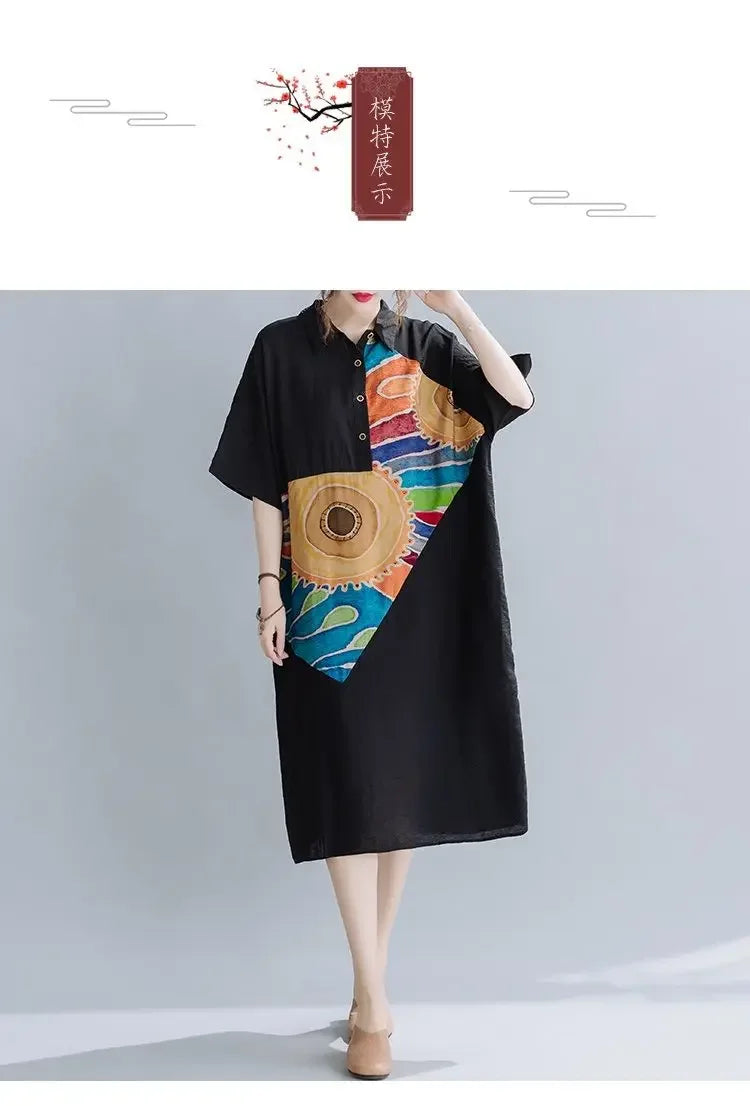 Women Summer Clothing 2025 New Style Literary Splicing Loose Printed Button Splicing Shirt Dress