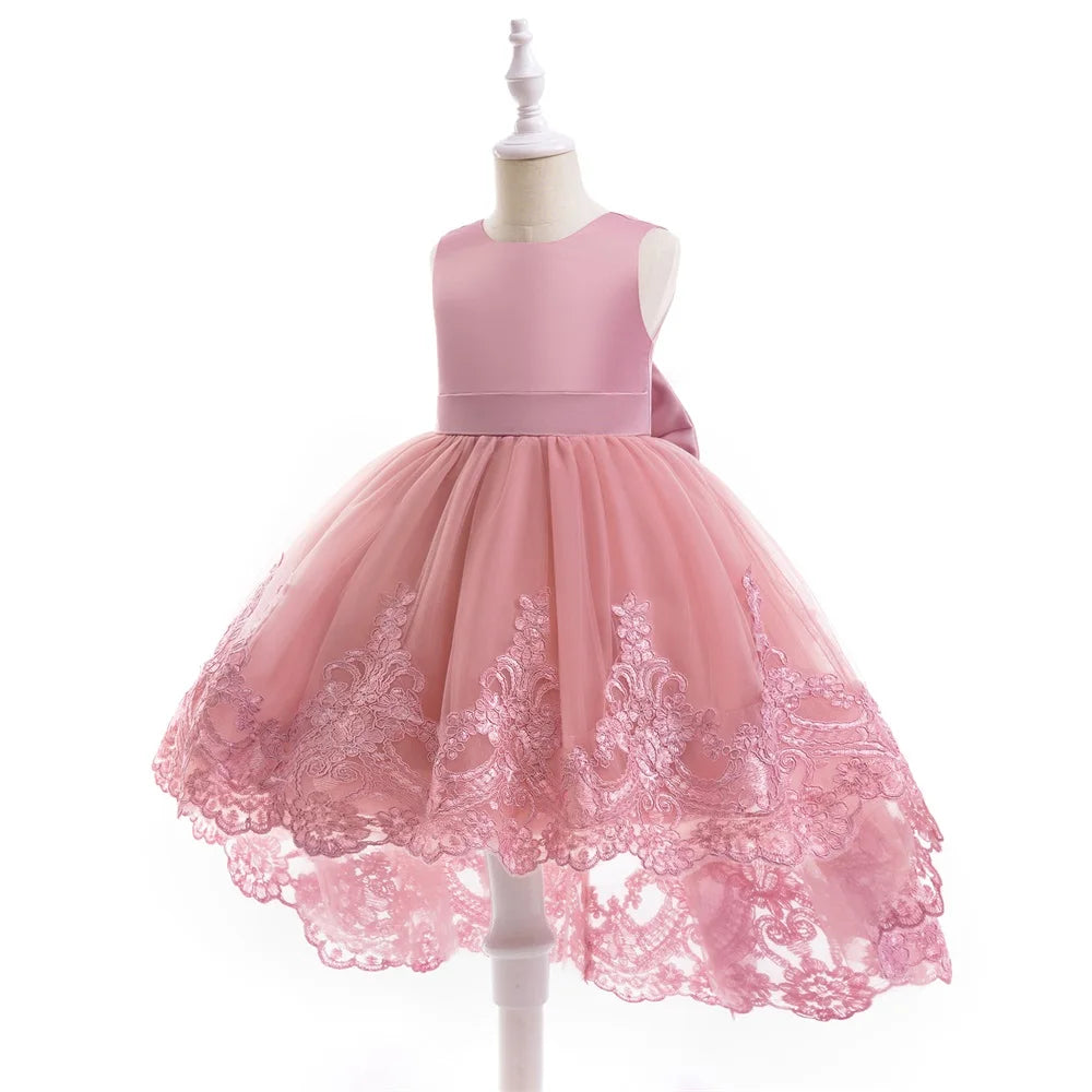Trailing Party Dresses For Girl Pink Flower Bow Wedding Bridesmaid Girls Dress Elegant Tulle Birthday Princess Evening Prom Gown