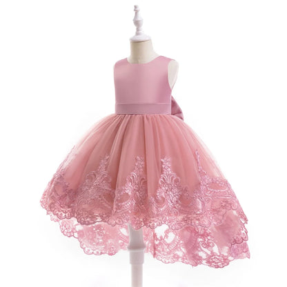Trailing Party Dresses For Girl Pink Flower Bow Wedding Bridesmaid Girls Dress Elegant Tulle Birthday Princess Evening Prom Gown