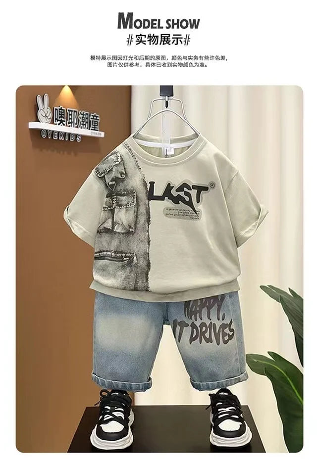 Boys Summer Clothing Set 2024 New Handsome Children's Short Sleeved Clothes Trendy Baby T-shirt Jeans Thin Two-piece Set