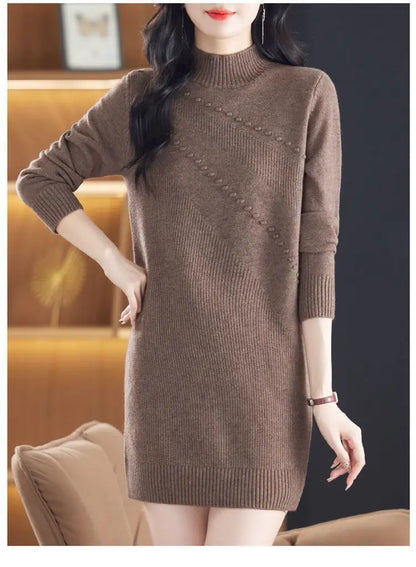 New Vintage Autumn Women's Clothing Half Turtleneck Warm Winter Sweater Dress Long Sleeve Pollovers Top Female Knitwear Jumper