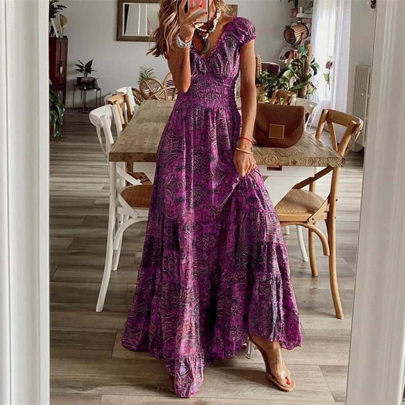 Women's Summer New Ethnic Style Printed Dress  Short-sleeved Waist Dress Fashionable Floral Petal Sleeves Large Hem A-line Dress